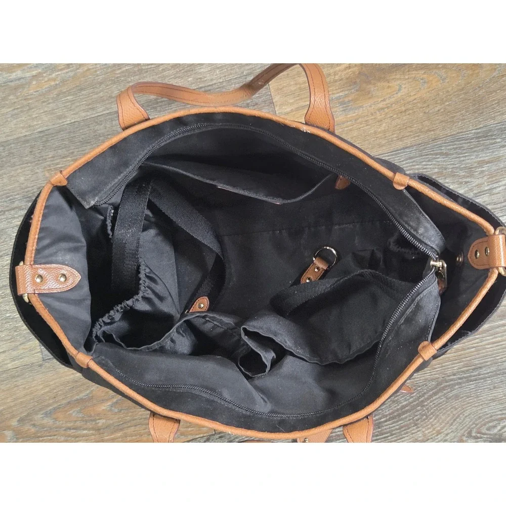 Coach Diaper Bag Tote Black Canvas Tan Leather Trim Gold Hardware F13803